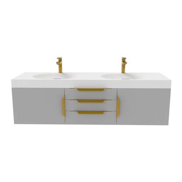 Castello Usa Thames 60-inch Gray Vanity Set with White Top and Gold Handles CB-MC-60G-GLD-20146-WH - main